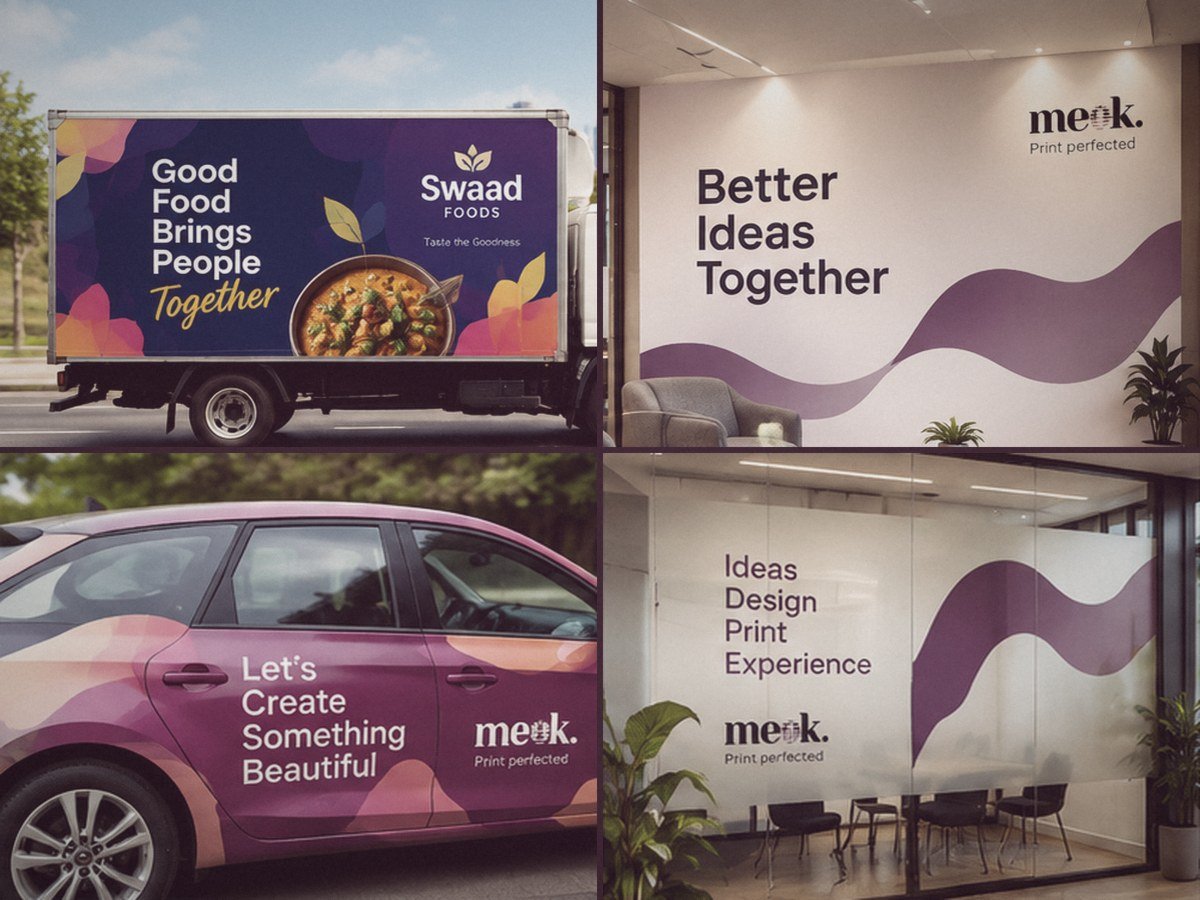 Meok branding on a delivery truck, a car, an office wall and a glass partition